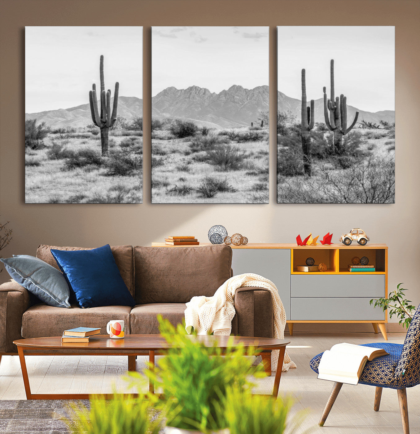 97436PHN-MGV-CV-60X30-3P-Desert Landscape Wall Art – Black and White Cactus and Mountain Canvas Print, Southwestern Nature Photography for Living Room,