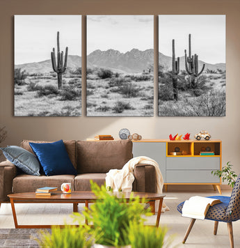 97436PHN-MGV-CV-60X30-3P-Desert Landscape Wall Art – Black and White Cactus and Mountain Canvas Print, Southwestern Nature Photography for Living Room,