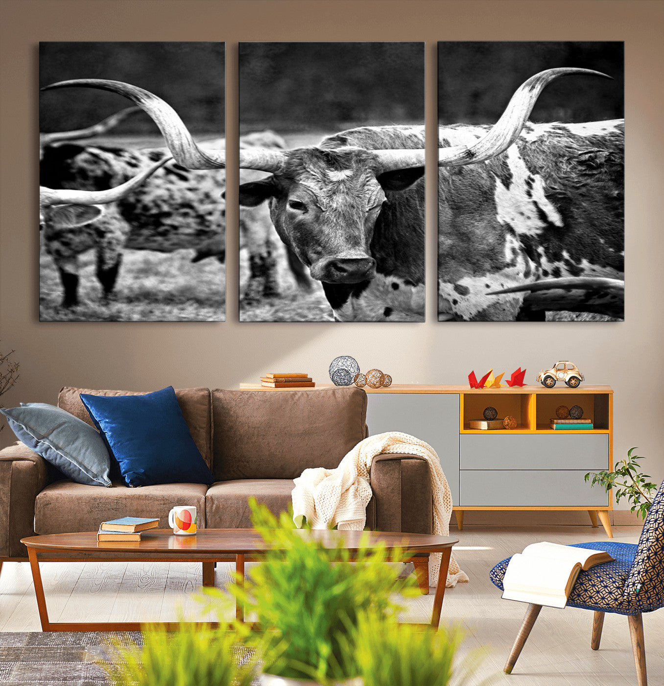 15425553-MGV-CV-36X24-Western Wall Art – Longhorn Cattle Black and White Canvas Print, Rustic Ranch Photography Decor for Bedroom, Living Room, Office,