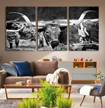 15425553-MGV-CV-36X24-Western Wall Art – Longhorn Cattle Black and White Canvas Print, Rustic Ranch Photography Decor for Bedroom, Living Room, Office,