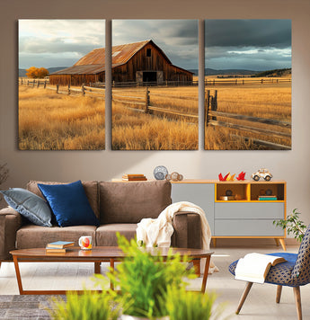 16480179-MGV-CV-36X24-Farmhouse Wall Art – Rustic Barn and Golden Field Canvas Print, Country Landscape Photography Decor for Bedroom, Living Room,