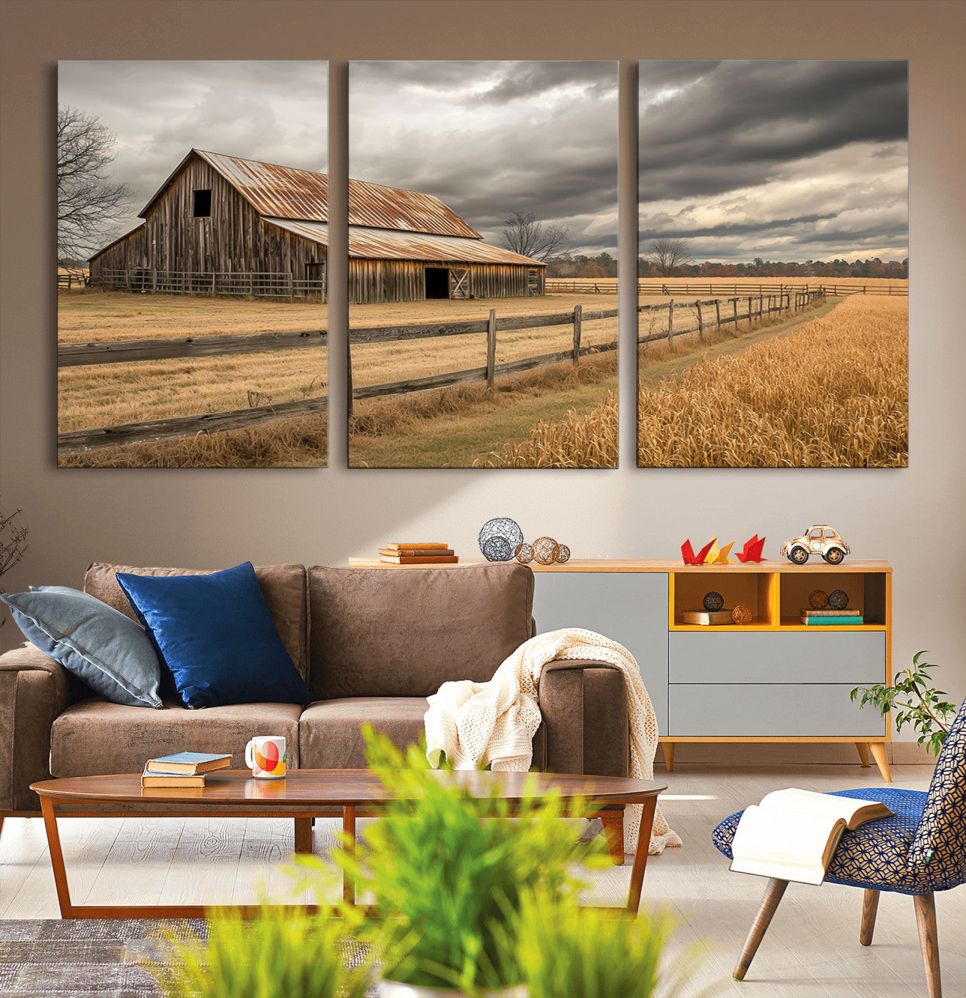 21991117-MGV-CV-60X30-3P-Rustic Barn Wall Art – Weathered Farmhouse Canvas Print, Stormy Sky and Golden Field Photography Decor for Bedroom, Living Room,