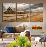 21991117-MGV-CV-60X30-3P-Rustic Barn Wall Art – Weathered Farmhouse Canvas Print, Stormy Sky and Golden Field Photography Decor for Bedroom, Living Room,