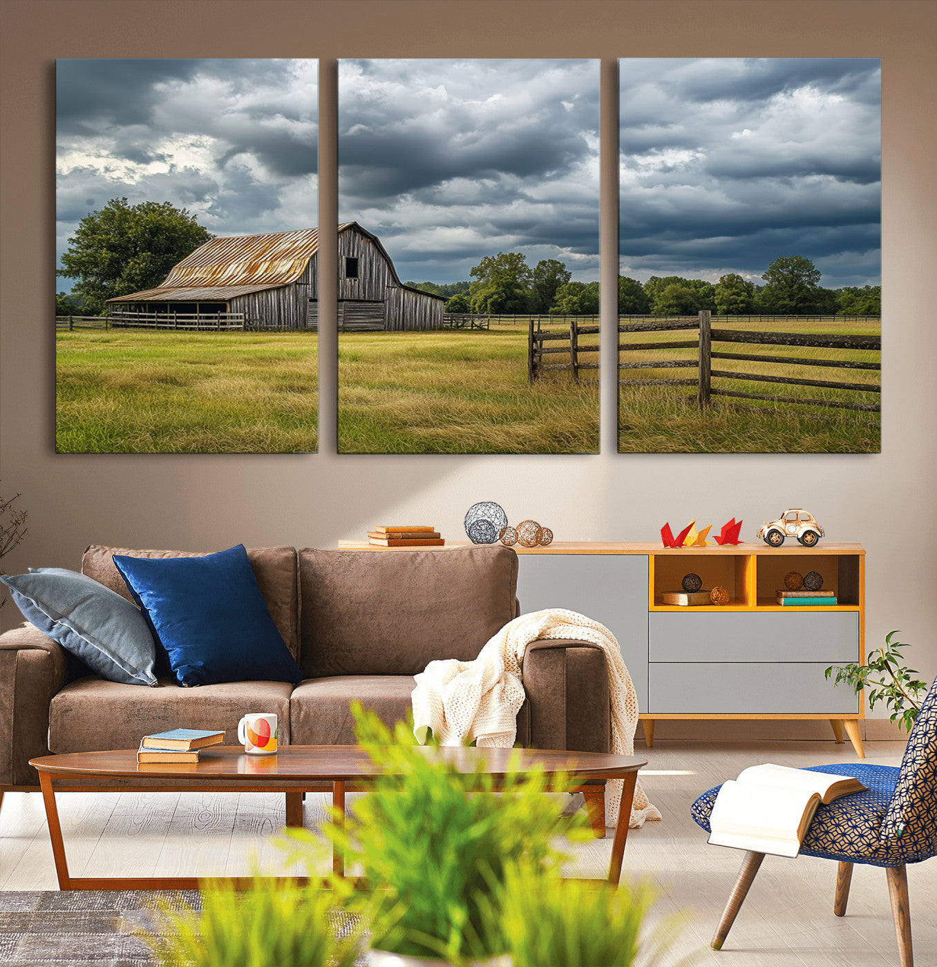 39409517-MGV-CV-36X24-Rustic Barn Wall Art – Weathered Farmhouse and Storm Clouds Canvas Print, Country Landscape Photography Decor for Bedroom, Living