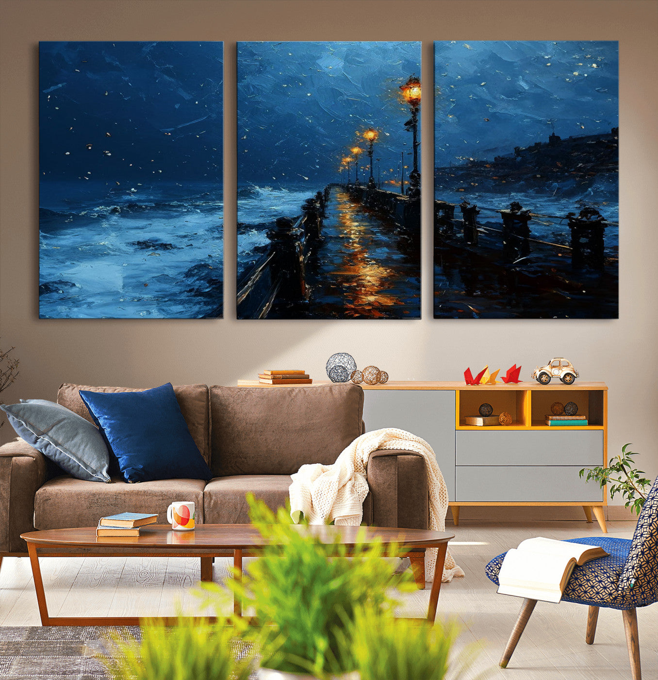 48300530-MGV-CV-36X24-Dark Stormy Pier Canvas Wall Art – Moody Ocean Night Scene with Street Lamps, Blue Coastal Seascape Print for Bedroom, Office, or