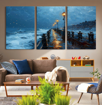 93793246-MGV-CV-36X24-Stormy Night Pier Canvas Wall Art – Moody Ocean Landscape with Lights, Blue Coastal Seascape Print for Bedroom, Living Room,