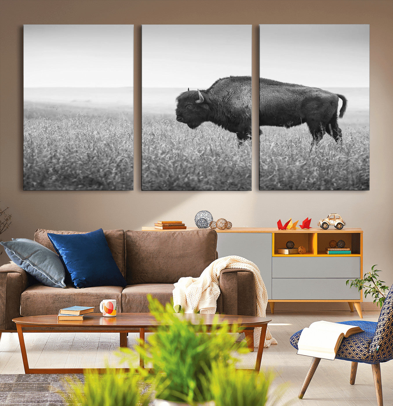 90861202-MGV-CV-36X24-Black and White Bison Canvas Wall Art – Rustic American Buffalo Print, Western Wildlife Photography for Farmhouse, Cabin, Office