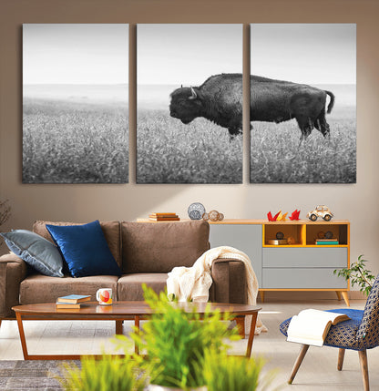 90861202-MGV-CV-36X24-Black and White Bison Canvas Wall Art – Rustic American Buffalo Print, Western Wildlife Photography for Farmhouse, Cabin, Office