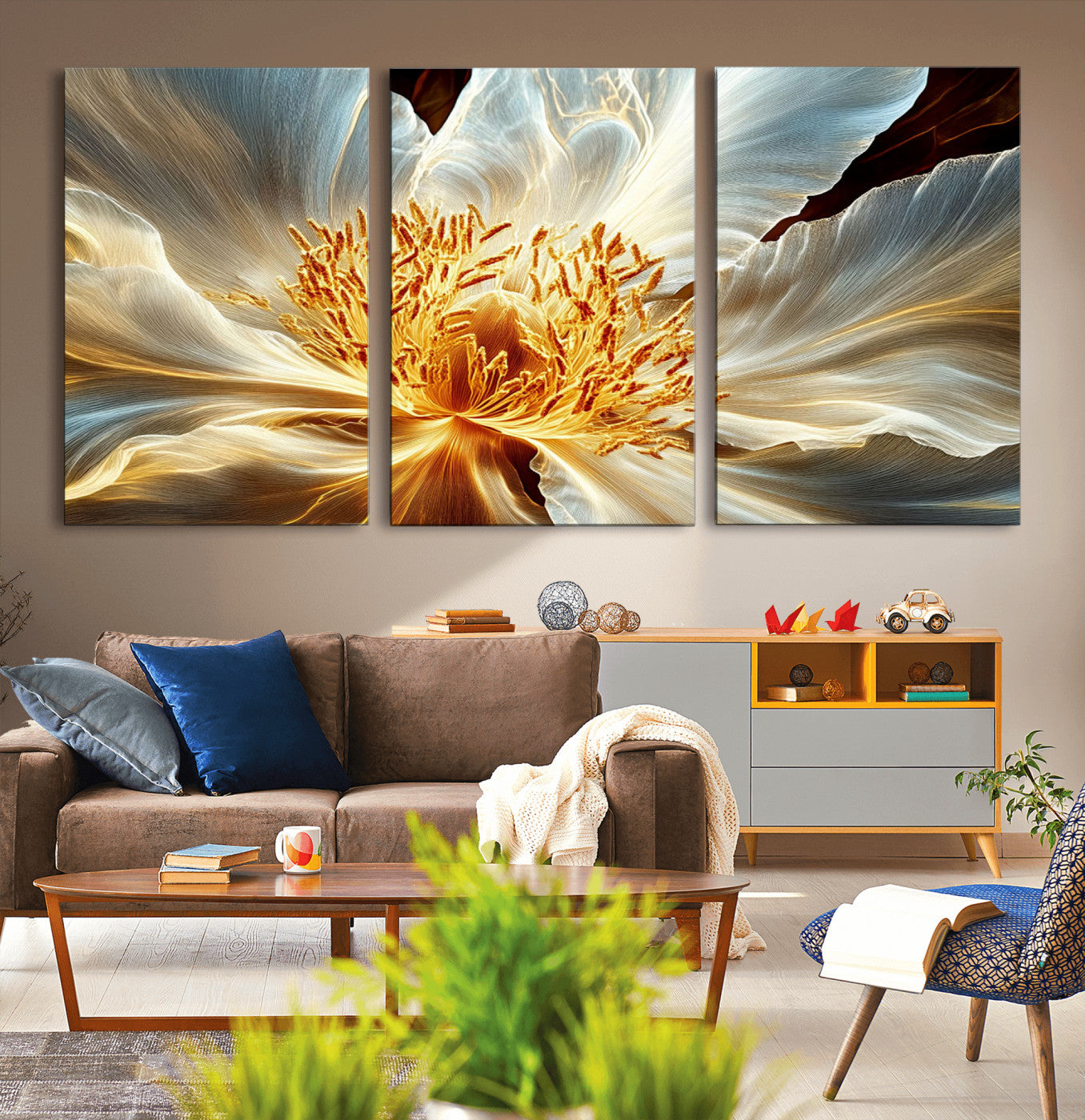 20862576-MGV-CV-36X24-Golden Abstract Flower Canvas Wall Art – Modern Botanical Bloom Print, Elegant Floral Artwork for Living Room, Bedroom, Office