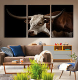 27414857-MGV-CV-36X24-Texas Longhorn Bull Canvas Wall Art – Rustic Western Farmhouse Decor, Brown & White Cow Portrait, Animal Print for Ranch Home