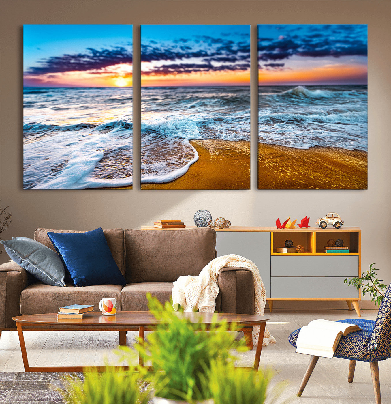 24077769-MGV-CV-36X24-Sunset Beach Wall Art – Ocean Waves Canvas Print, Golden Shoreline Photography Coastal Decor for Living Room, Bedroom, Office,