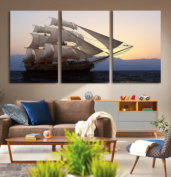 99957679-MGV-CV-36X24-Majestic Sailing Ship Wall Art – Sunset Ocean Voyage, Classic Tall Ship with Wind Filled Sails Canvas Print for Home, Office,