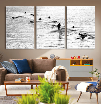 68018616-MGV-CV-36X24-Black and White Surf Photography Print – Minimalist Ocean Wall Art, Surfers Riding Waves, Coastal Beach Decor for Modern Home or