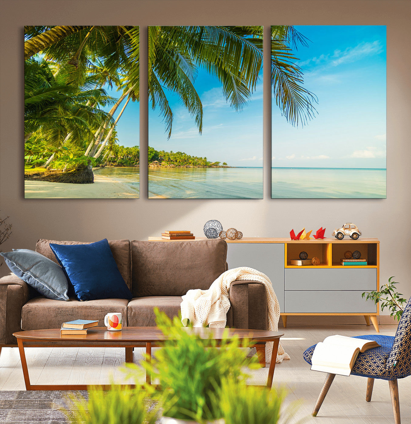 65056721-MGV-CV-36X24-Tropical Beach Wall Art – Palm Tree Coastal Photography Print, Relaxing Ocean Paradise Landscape, Island Seascape Home or Office