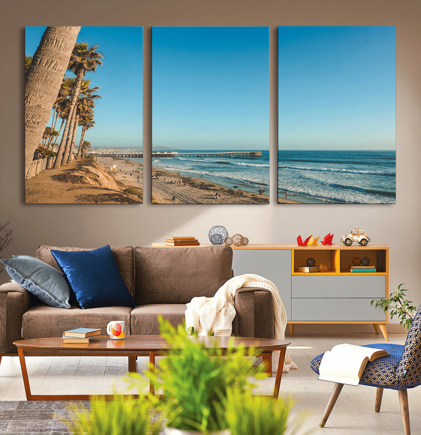 92568259-MGV-CV-36X24-California Beach Wall Art – Palm Tree Pier Canvas Print, Coastal Ocean Photography Seaside Decor for Living Room, Bedroom, Office,