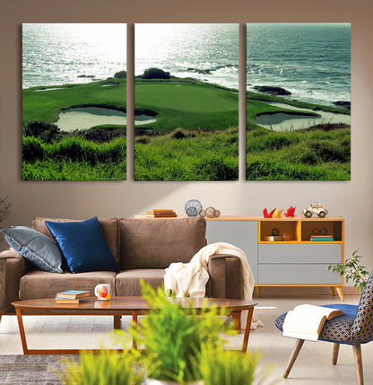 48473947-MGV-CV-36X24-Ocean Golf Course Wall Art – Panoramic Green Fairway Canvas Print, Coastal Golf Landscape Photography Sports Decor for Office, Man