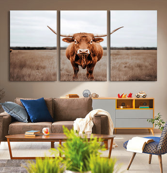 16316734-MGV-CV-36X24-Texas Longhorn Wall Art – Rustic Bull Portrait Canvas Print, Western Farmhouse Animal Photography Decor for Living Room, Office,