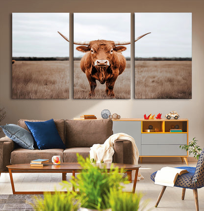 16316734-MGV-CV-36X24-Texas Longhorn Wall Art – Rustic Bull Portrait Canvas Print, Western Farmhouse Animal Photography Decor for Living Room, Office,