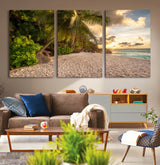 89531159-MGV-CV-36X24-Tropical Beach Sunset Canvas Wall Art – Palm Trees Golden Sand Ocean Waves Coastal Paradise Print for Beach House Bedroom Bathroom