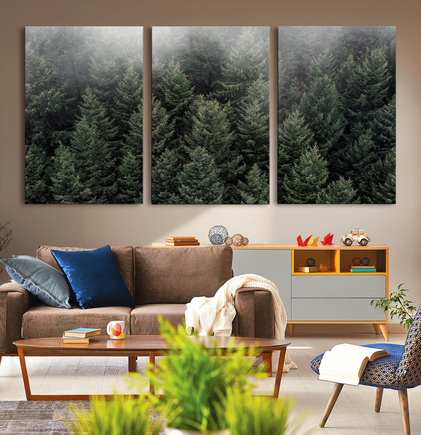 84059409-MGV-CV-60X30-3P-Forest Wall Art – Misty Evergreen Trees Canvas Print, Tranquil Nature Photography Decor for Bedroom, Living Room, Office, Cabin or