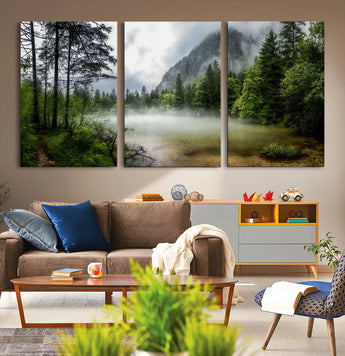 93123937-MGV-CV-36X24-Landscape Wall Art – Misty Mountain Lake Canvas Print, Tranquil Forest and Waterfall Photography Decor for Bedroom, Living Room,