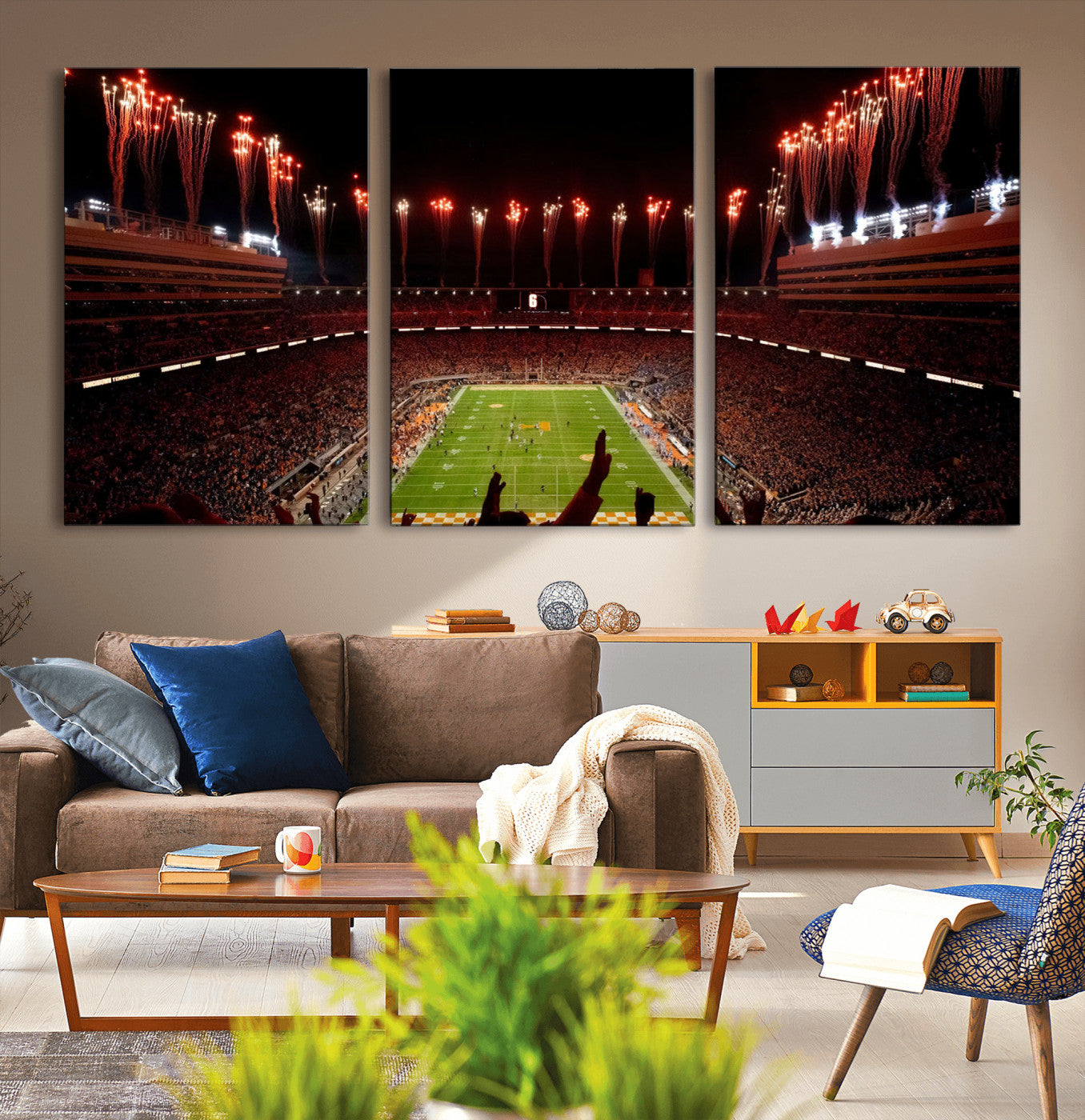 73358115-MGV-CV-36X24-Neyland Stadium Wall Art – Panoramic Tennessee Volunteers Night Game Canvas Print, Fireworks Football Celebration Sports Decor for