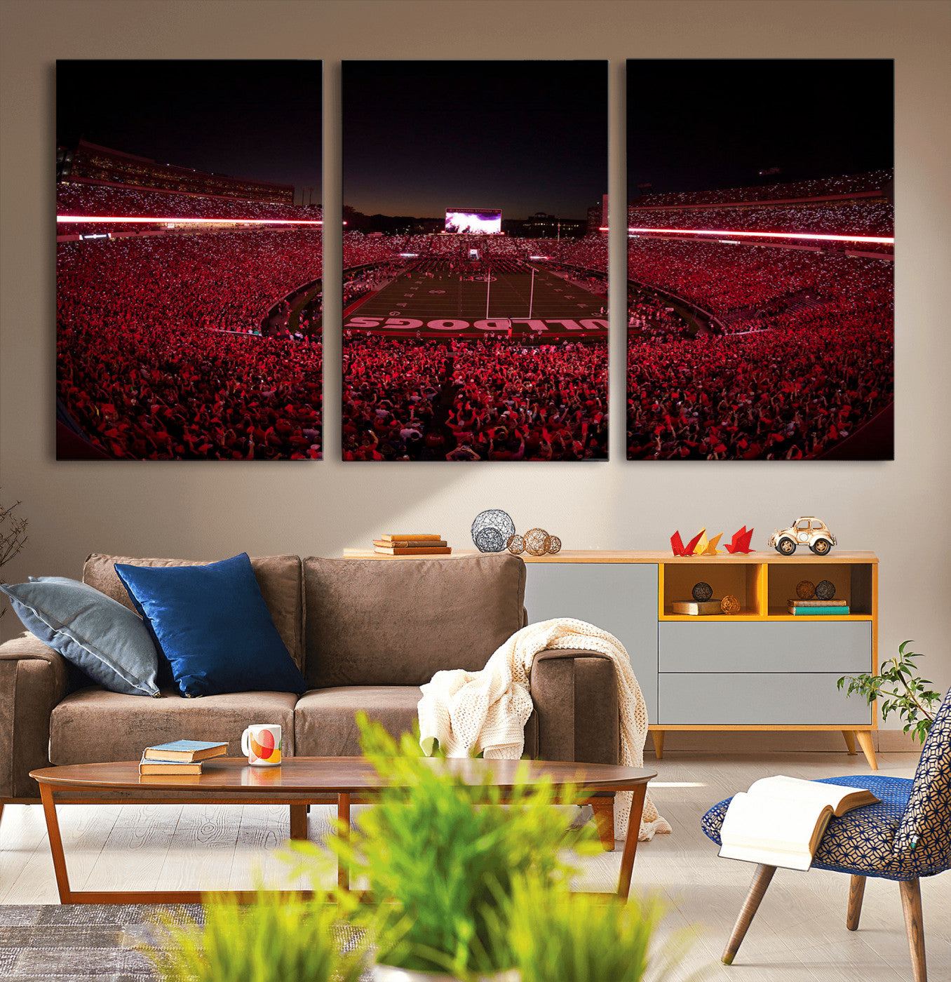 38331045-MGV-CV-36X24-Sanford Stadium Wall Art – Panoramic Georgia Bulldogs Red Light Game Football Canvas Print, Night Crowd Sports Decor for Office,