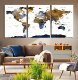 MGV-CV-60X30-3P - World Map Wall Art Canvas Print, Framed Blue Gold Map Art Picture Print, Rustic Atlas Perfect Rustic Modern Decor Artwork