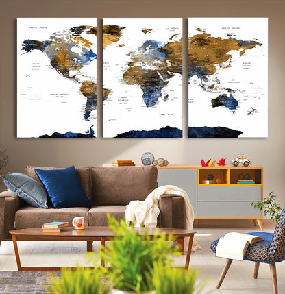 MGV-CV-60X30-3P - World Map Wall Art Canvas Print, Framed Blue Gold Map Art Picture Print, Rustic Atlas Perfect Rustic Modern Decor Artwork