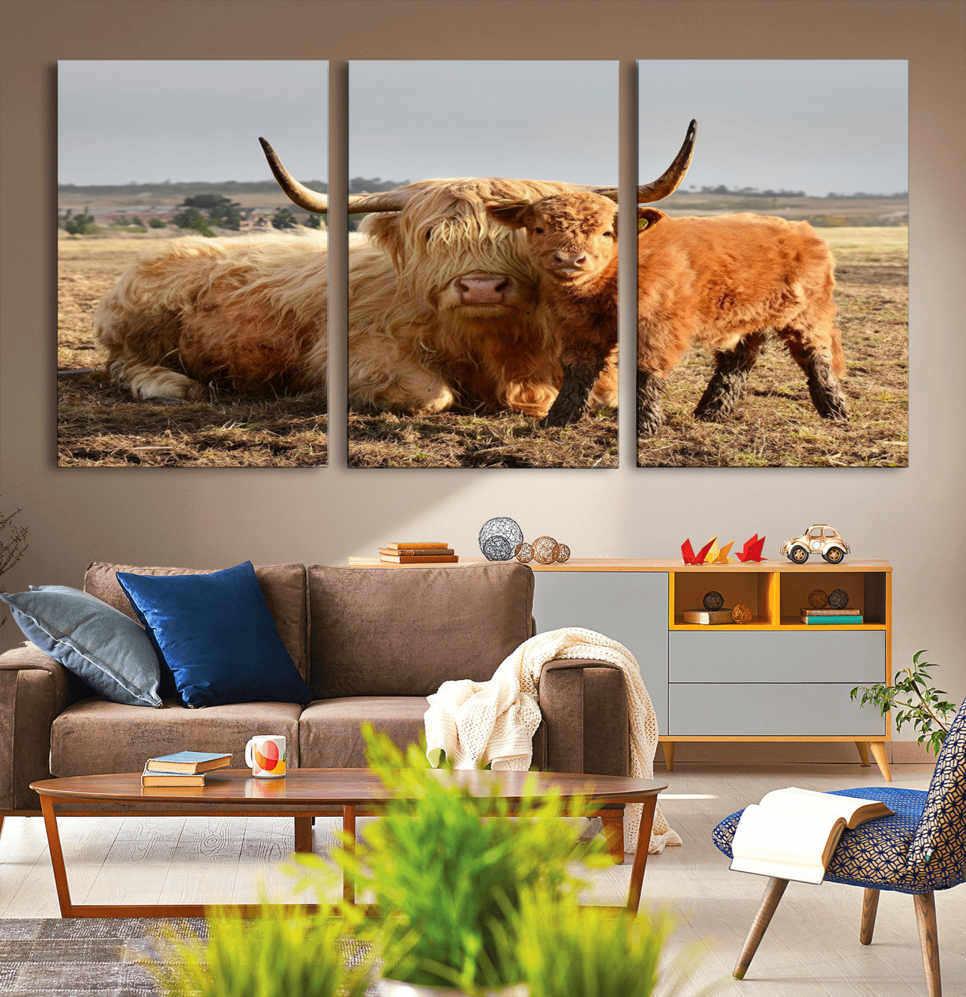 88780-MGV-CV-36X24-Highland Cow Wall Art Canvas Print, Framed Cow Calf Art Picture Print, Scottish Cattle Perfect Rustic Farmhouse Decor Artwork