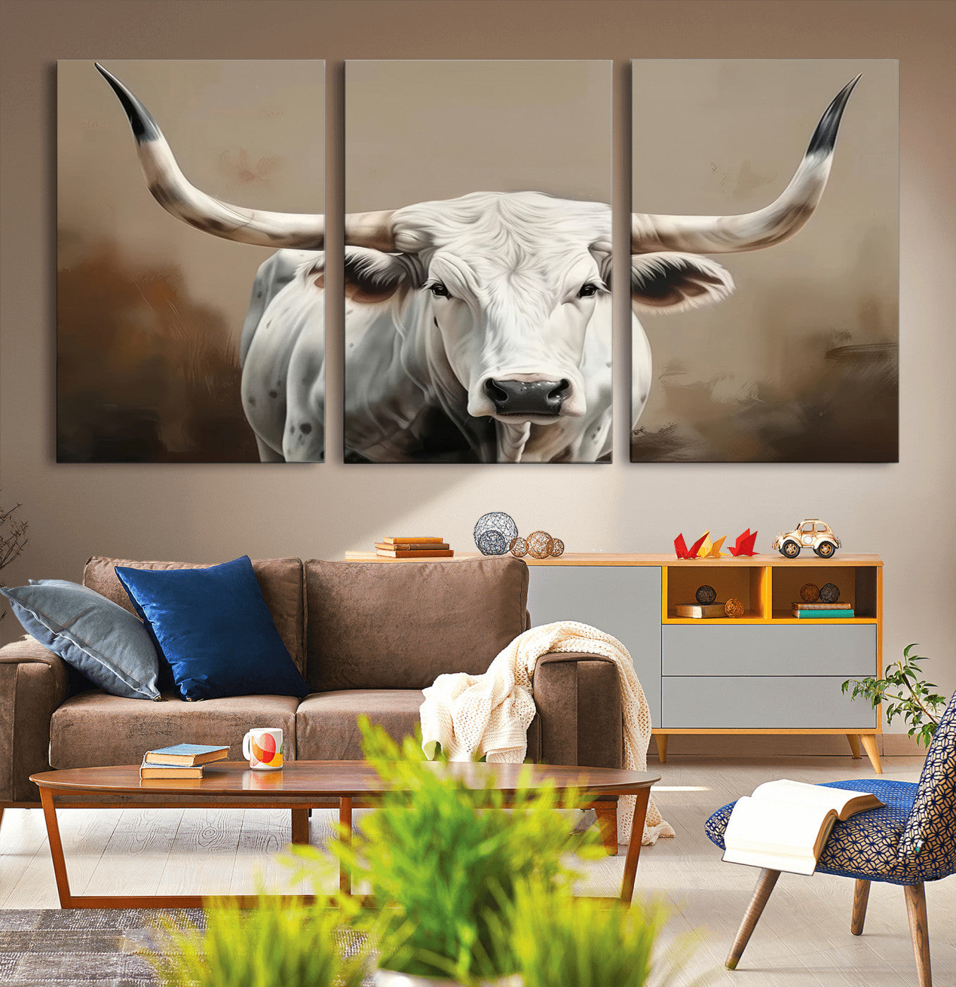 63550-MGV-CV-36X24-Texas Longhorn Wall Art Canvas Print, Framed White Bull Art Picture Print, Horned Cattle Perfect Rustic Western Decor Artwork