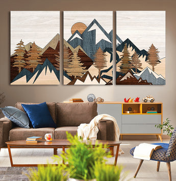 80300-MGV-CV-36X24-Geometric Mountains Wall Art Canvas Print, Framed Stylized Trees Art Picture Print, Graphic Forest Perfect Rustic Abstract Decor