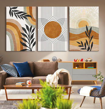 32359-MGV-CV-36X24-Modern Sun Wall Art Canvas Print, Framed Retro Horizon Art Picture Print, Sunburst Design Perfect Mid Century Boho Decor Artwork