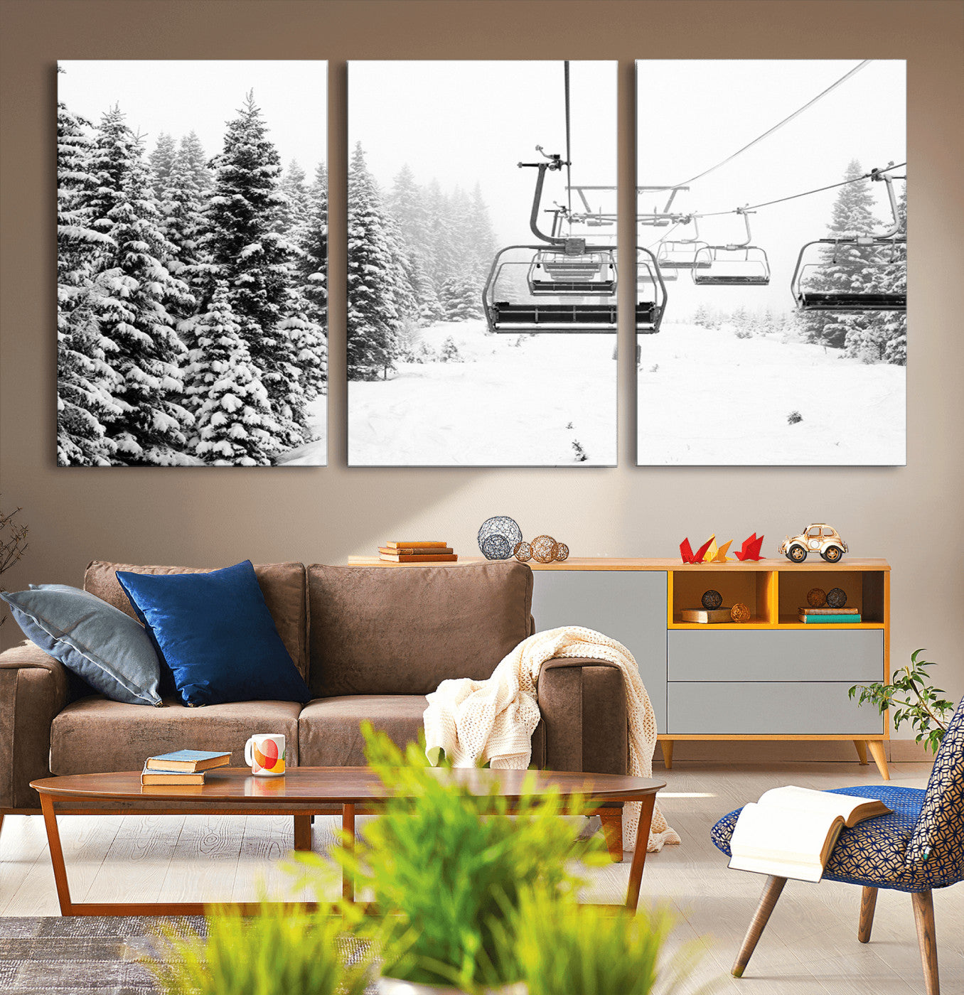 49274-MGV-CV-36X24-Snowy Forest Wall Art Canvas Print, Framed Ski Lift Art Picture Print, Mountain Snow Perfect Minimal Winter Lodge Decor Artwork