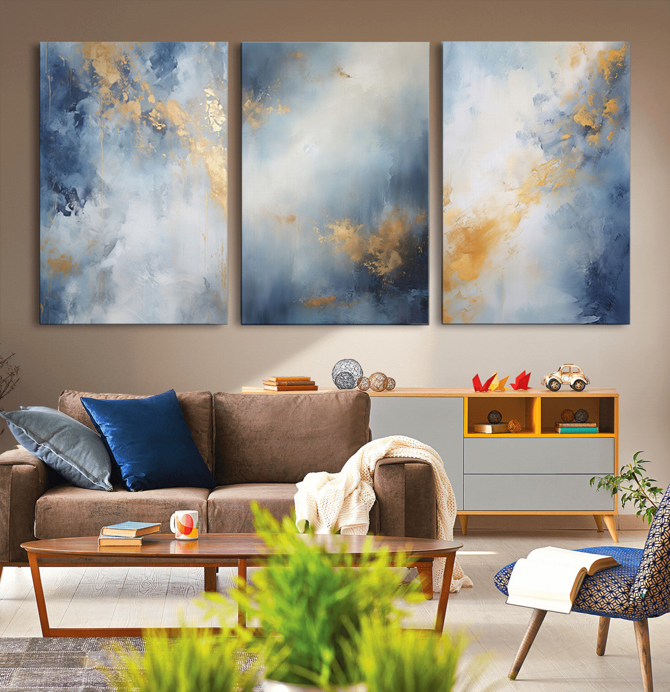 41836-MGV-CV-36X24-Abstract Gold Wall Art Canvas Print, Framed Blue Layers Art Picture Print, Elegant Cloud Perfect Elegant Minimalist Decor Artwork