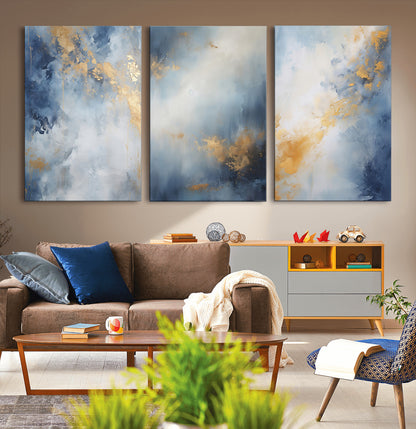 41836-MGV-CV-36X24-Abstract Gold Wall Art Canvas Print, Framed Blue Layers Art Picture Print, Elegant Cloud Perfect Elegant Minimalist Decor Artwork