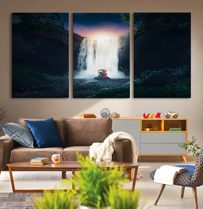 56359-MGV-CV-36X24-Lilo Stitch Wall Art Canvas Print, Framed Stitch Angel Art Picture Print, Cartoon Waterfall Perfect Tropical Fantasy Decor Artwork