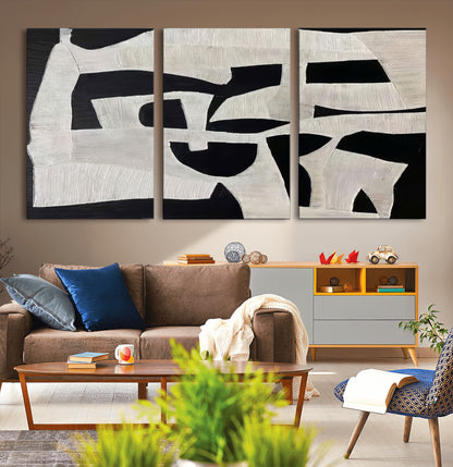 33714-MGV-CV-36X24-Monochrome Design Wall Art Canvas Print, Framed Modern Linework Art Picture Print, Textured Shapes Perfect Monochrome Modern Decor