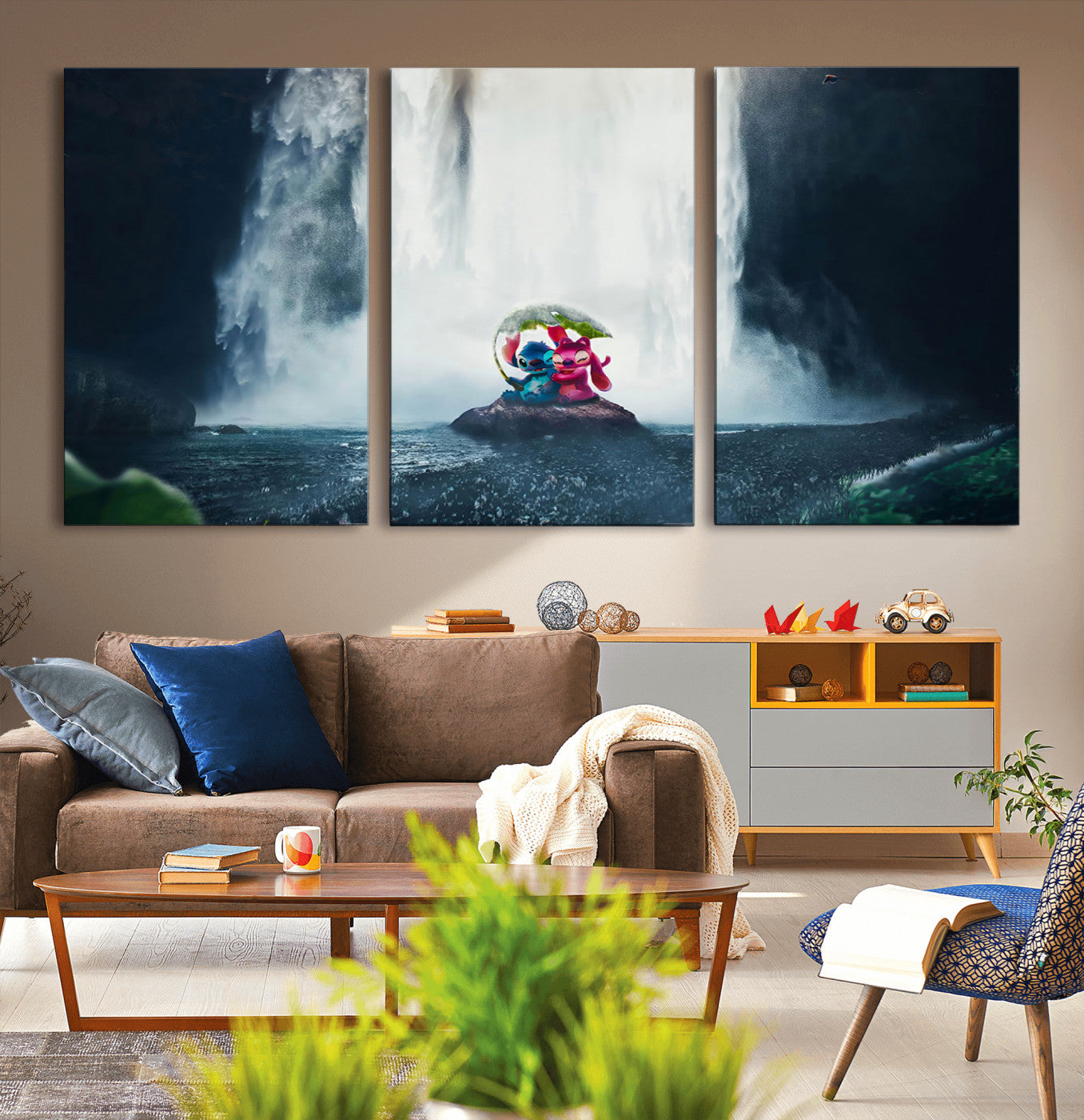 32259-MGV-CV-36X24-Stitch Angel Wall Art Canvas Print, Framed Stitch Waterfall Art Picture Print, Cartoon Couple Perfect Moody Fantasy Decor Artwork