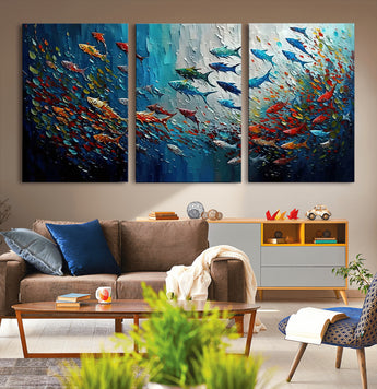 89626-MGV-CV-36X24-Fish Swarm Wall Art Canvas Print, Framed Abstract Ocean Art Picture Print, Underwater Life Perfect Vibrant Coastal Decor Artwork