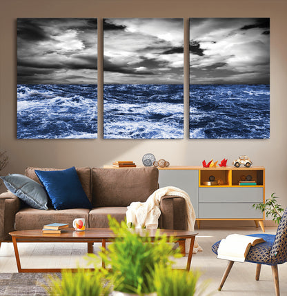 91043-MGV-CV-36X24-Stormy Ocean Wall Art Canvas Print, Framed Moody Seascape Art Picture Print, Monochrome Sea Perfect Coastal Drama Decor Artwork