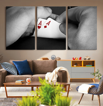 62460-MGV-CV-36X24-Poker Game Wall Art – Close Up of Hands Holding Aces with Chips, Casino Style Decor for Game Room, Man Cave or Office