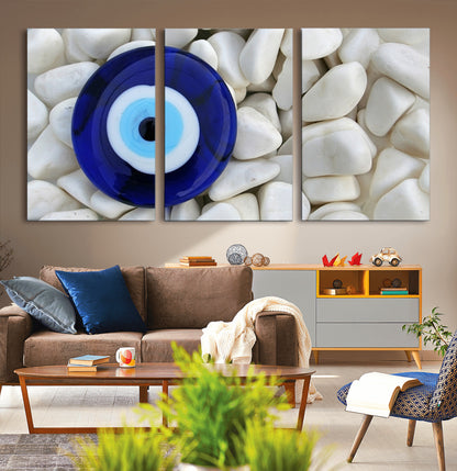 48883-MGV-CV-36X24-Evil Eye Wall Art – Deep Blue Symbol of Presence and Calm on White Stones, Subtle Spiritual Decor for Entryway, Studio, Office or