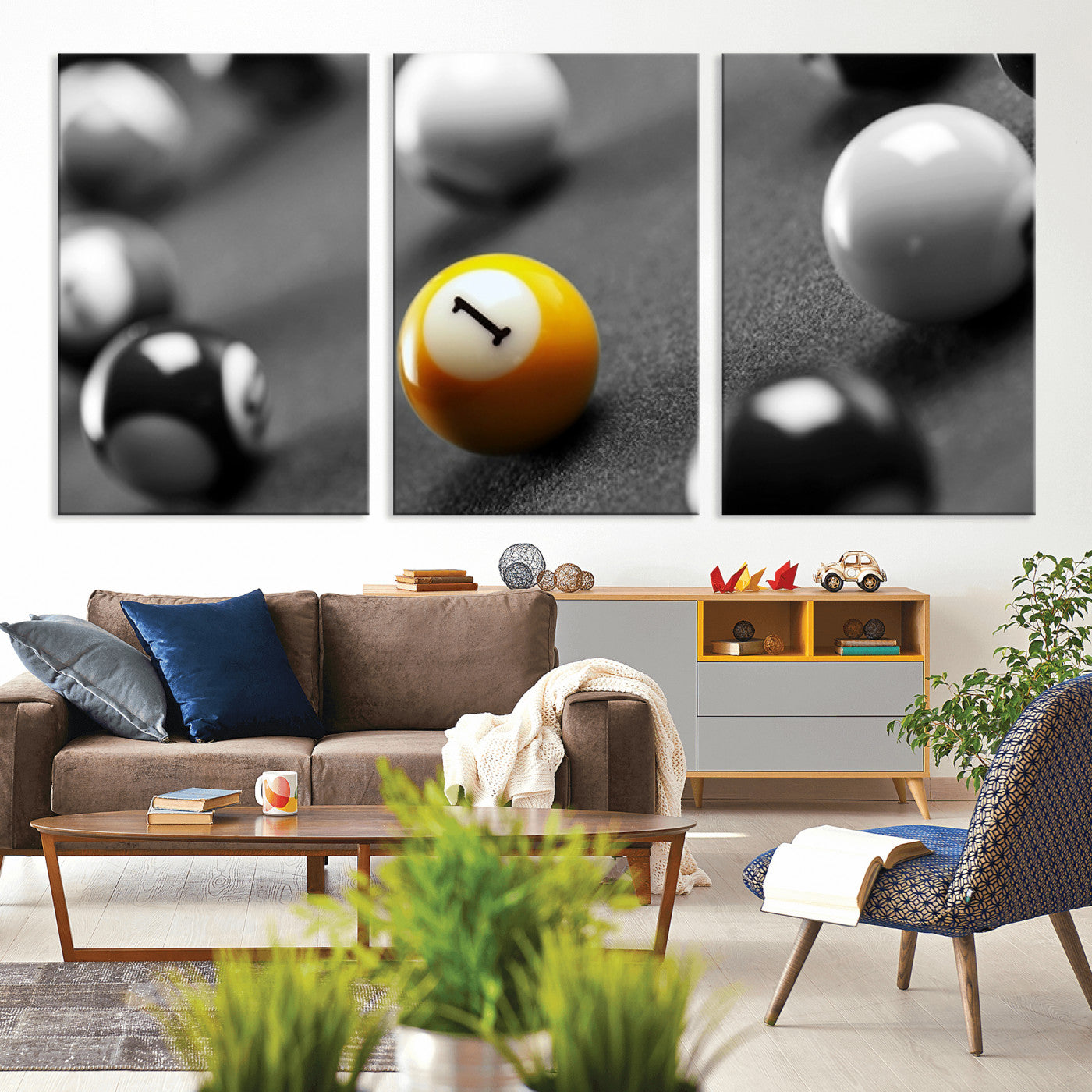 52108-MGV-CV-36X24-Precision Pool Table Wall Art – Close Up Yellow 1 Ball Canvas Print, Hand-Played Billiards Game Decor for Office, Game Room, or