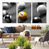 52108-MGV-CV-36X24-Precision Pool Table Wall Art – Close Up Yellow 1 Ball Canvas Print, Hand-Played Billiards Game Decor for Office, Game Room, or