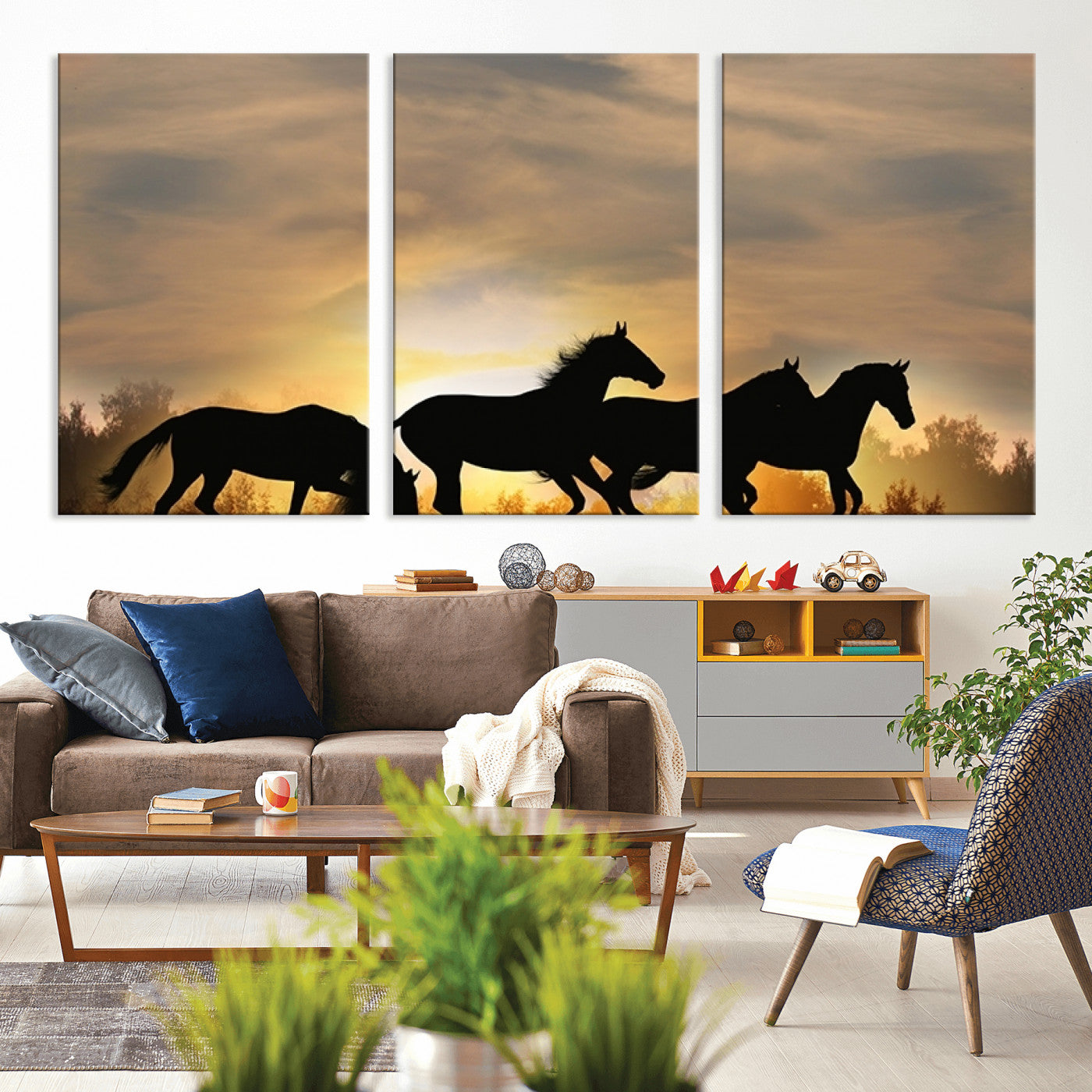 16620-MGV-CV-36X24-Sunset Stallions Wall Art – Silhouetted Horses Running Canvas Print, Nature’s Rhythm, Perfect for Living Room, Office, or Man Cave