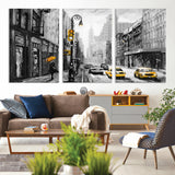 32362-MGV-CV-36X24-NYC Street Wall Art – Black and White Cityscape with Yellow Taxis and Umbrella Canvas Print, Urban Home Decor for Living Room or
