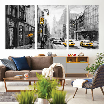 32362-MGV-CV-36X24-NYC Street Wall Art – Black and White Cityscape with Yellow Taxis and Umbrella Canvas Print, Urban Home Decor for Living Room or