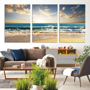 13139-MGV-CV-36X24-Sunrise Beach Wall Art – Ocean Waves and Golden Sand Canvas Print, Coastal Home Decor for Living Room, Bedroom, or Office