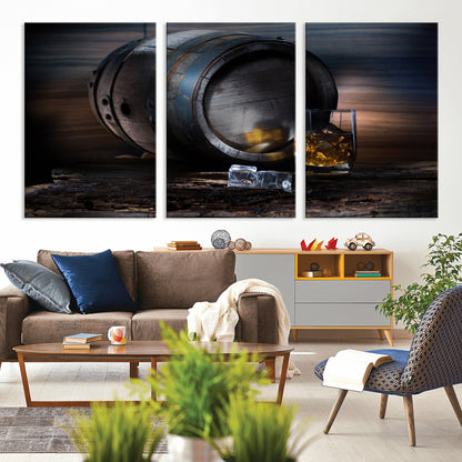78049-MGV-CV-36X24-Whiskey Barrel Wall Art – Rustic Whiskey Barrel and Glass with Ice Canvas Print, Classic Bar or Lounge Decor for Home, Office, or